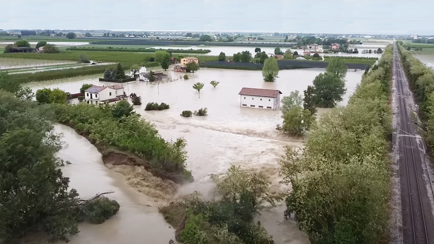 Aerial view of a breach occurred during the 2023 flood event in Emilia-Romagna